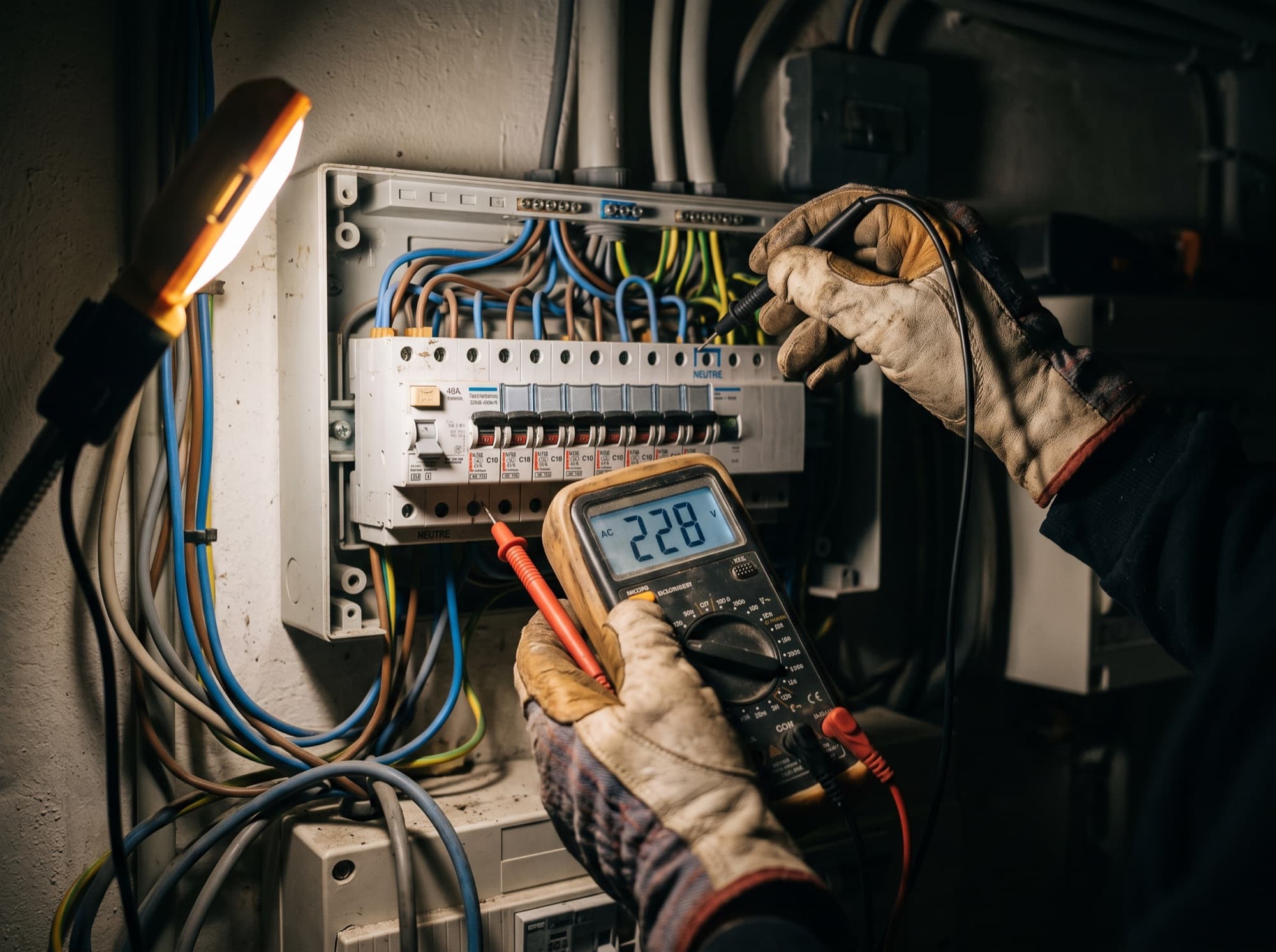 Multimètre posé sur un tableau électrique pour un diagnostic