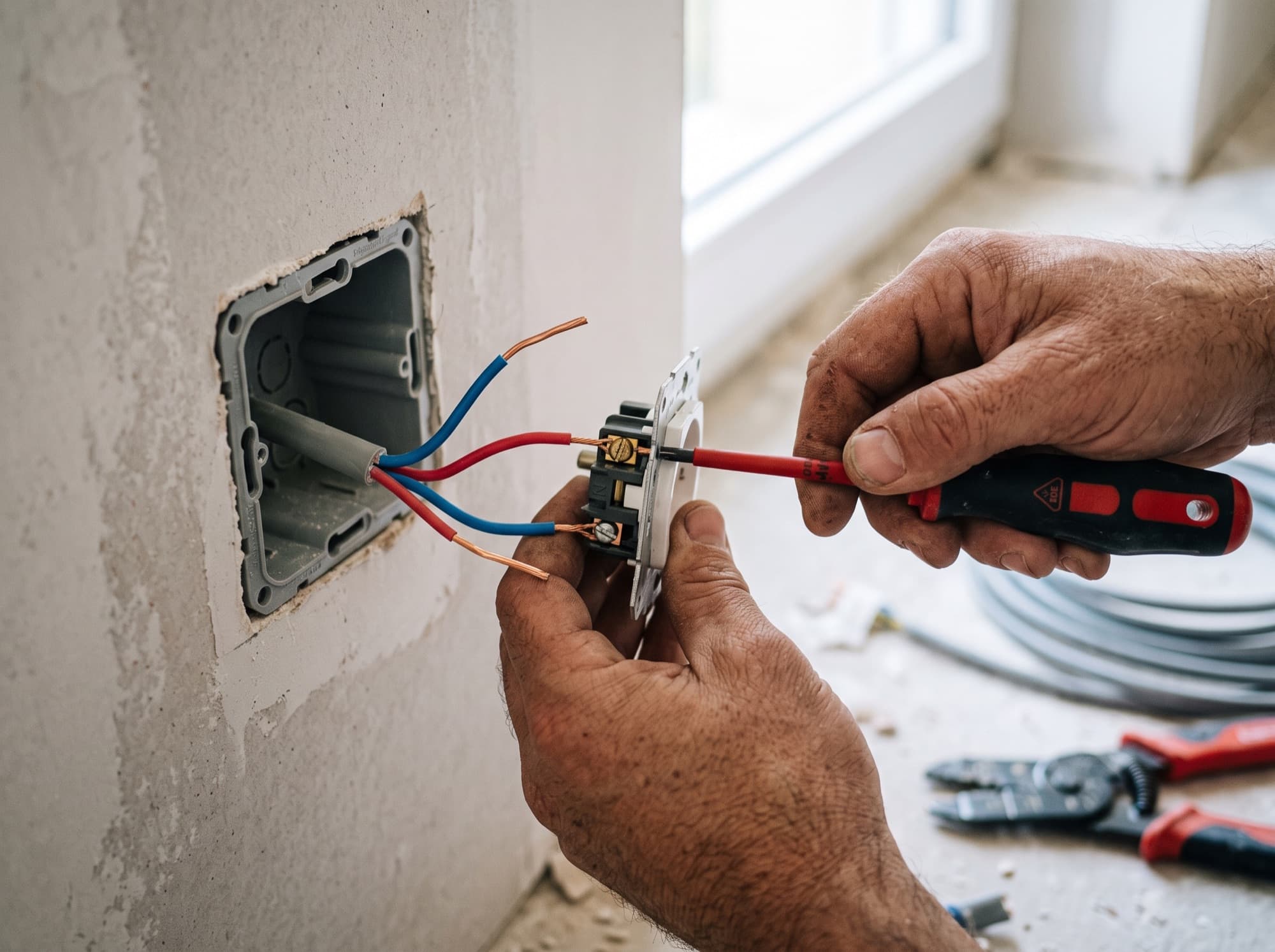 Mains câblant une prise électrique lors d'un dépannage