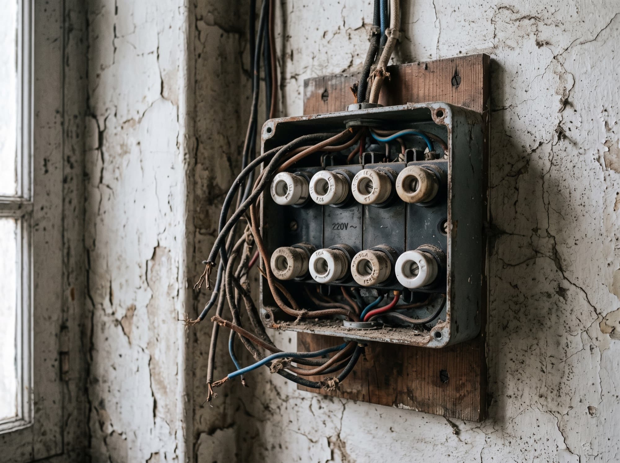 Ancien tableau électrique à fusibles dans une maison de bastide